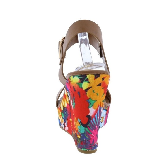 Bamboo Open Toe Vibrant Floral Wedge Heels - Picture 8 of 8